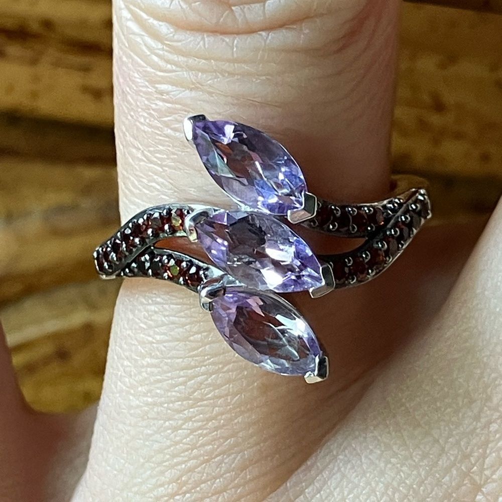 Natural Moroccan Amethyst Red Garnet Sterling Silver Ring Size 7